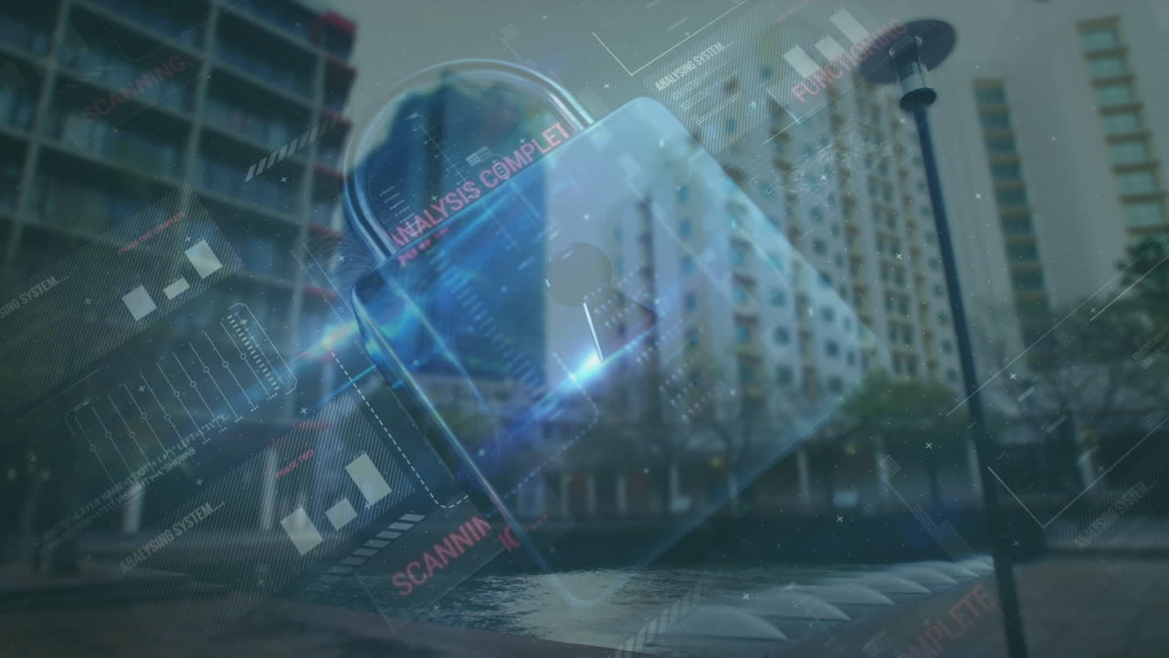데이터 처리 및 도시 풍경에 대한 온라인 보안 패드락의 애니메이션