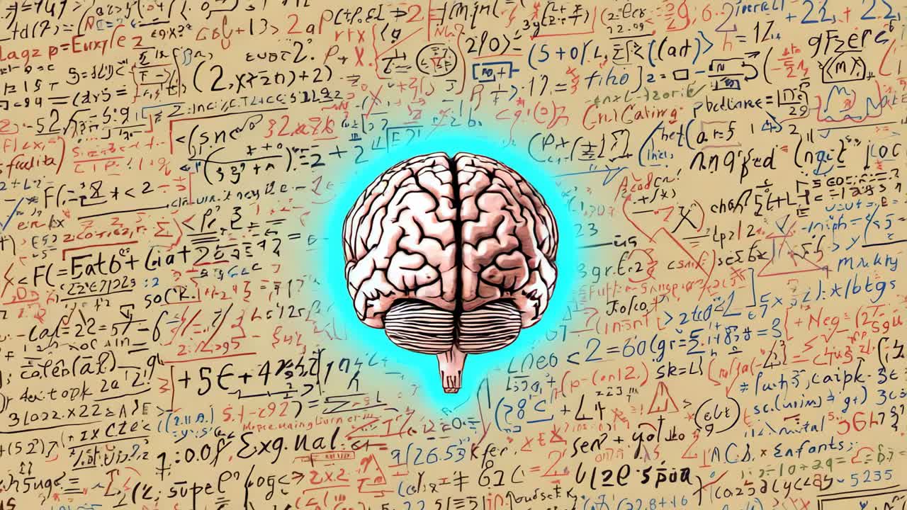 Glowing aura activating rotating stylized brain illustration against handwritten formula board