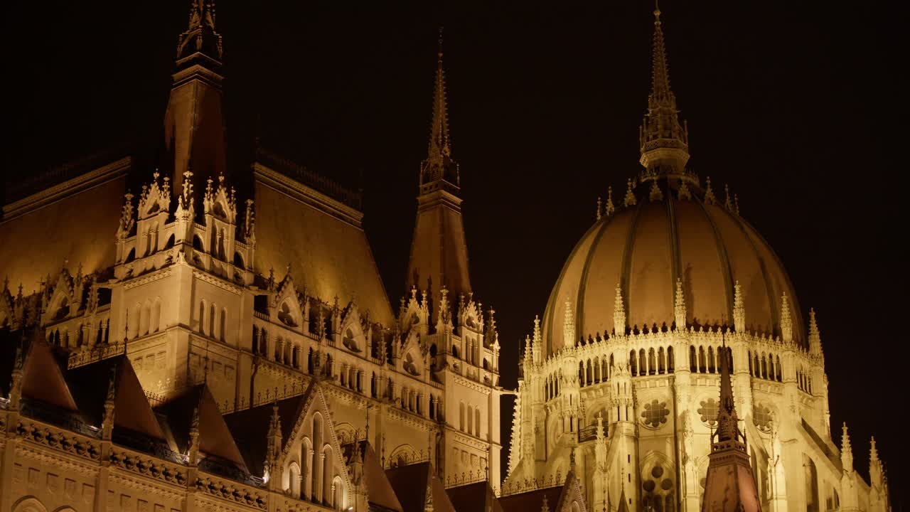 Night View Of Hungarian Parliament Building - Renowned Neo-Gothic Landmark In Budapest, Hungary. Close-up Shot