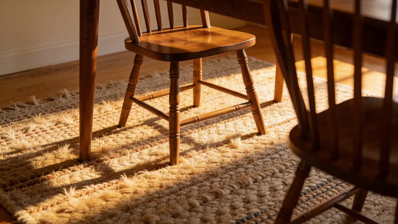 Una sedia da pranzo in legno, illuminata da una luce solare mutevole proveniente dalla finestra, proietta lunghe ombre su un tappeto intrecciato