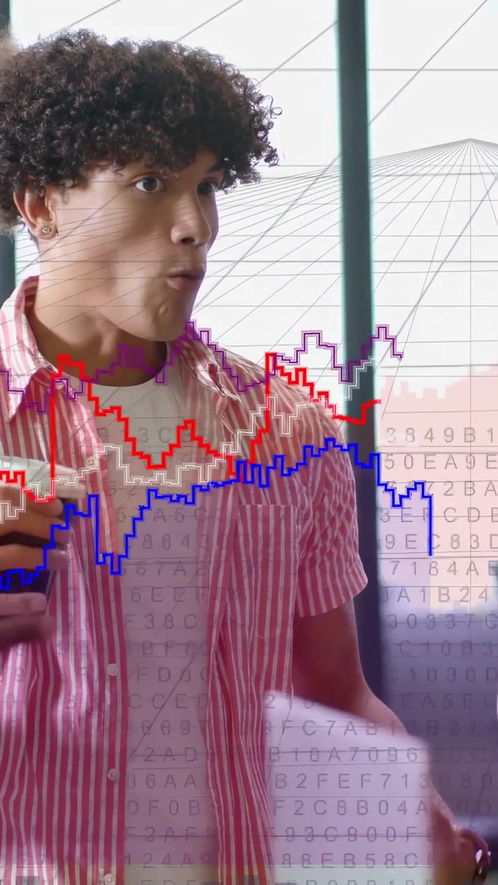 Vertical video: Left man with cup replying to right cue, showing tech data while grids hiding face