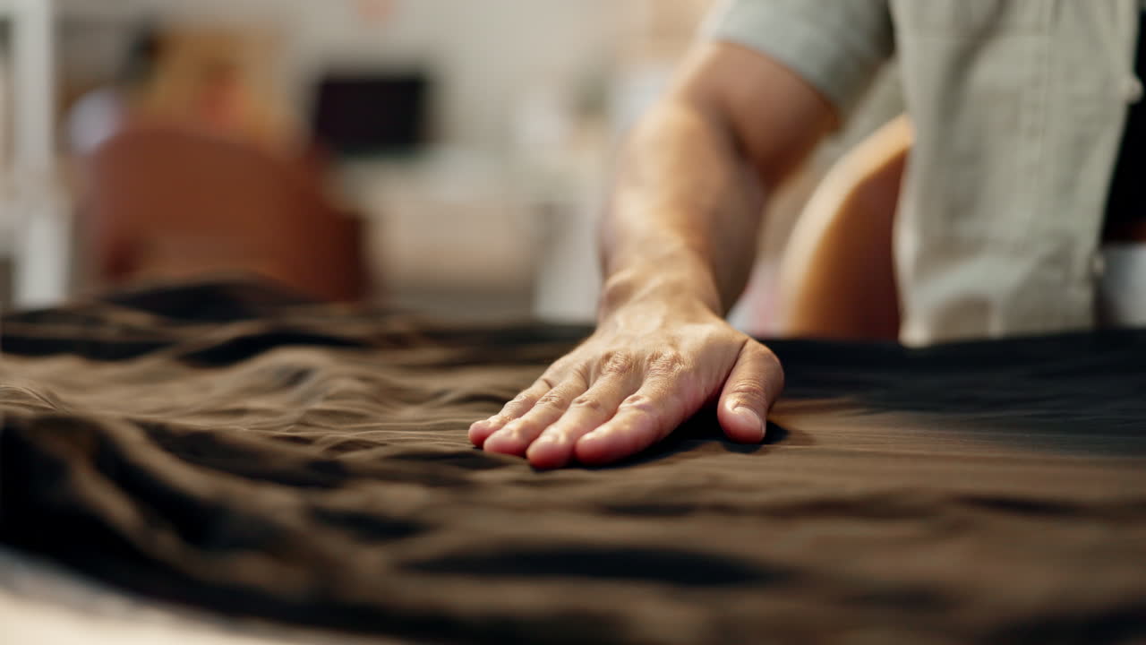 moda, diseñador y manos de hombre con tela