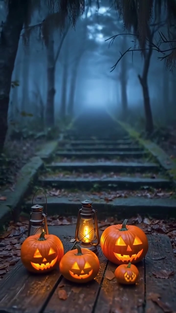 Jack-o'-lantern intagliate su una piattaforma di legno in una foresta nebbiosa