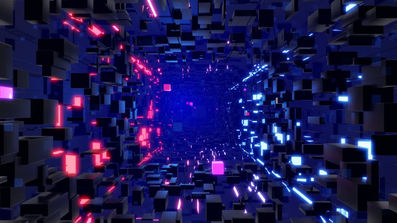 Tunnel with neon light. Sci-fi bg fly through tech digital space. Concept of hi-tech information flow, blockchain. 3d looped bg motion design, cubes and frames, constructions. Dark dynamic bg