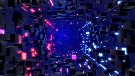 tunnel with neon light. sci-fi bg fly through tech digital space. concept of hi-tech information flow, blockchain. 3d looped bg motion design, cubes and frames, constructions. dark dynamic bg