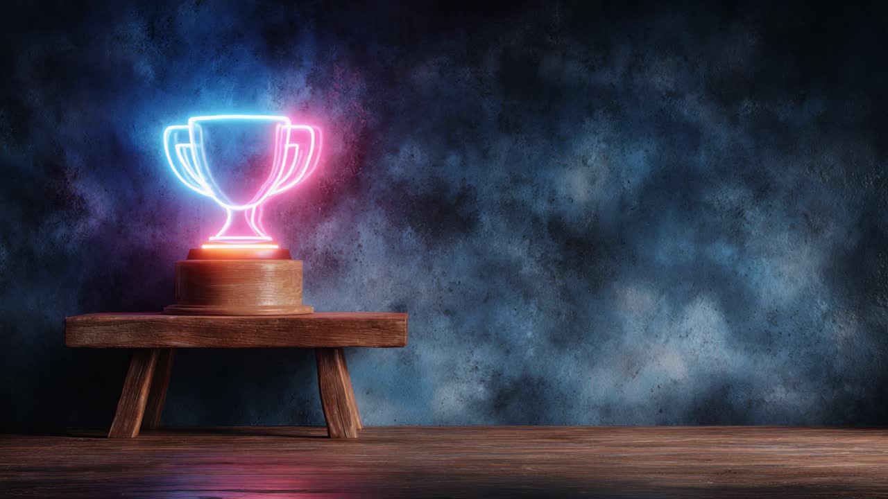 A Glowing Trophy Illuminated by Neon Lights, Capturing the Essence of Celebration and Achievement in a Dramatic Themed Setting with Textured Background