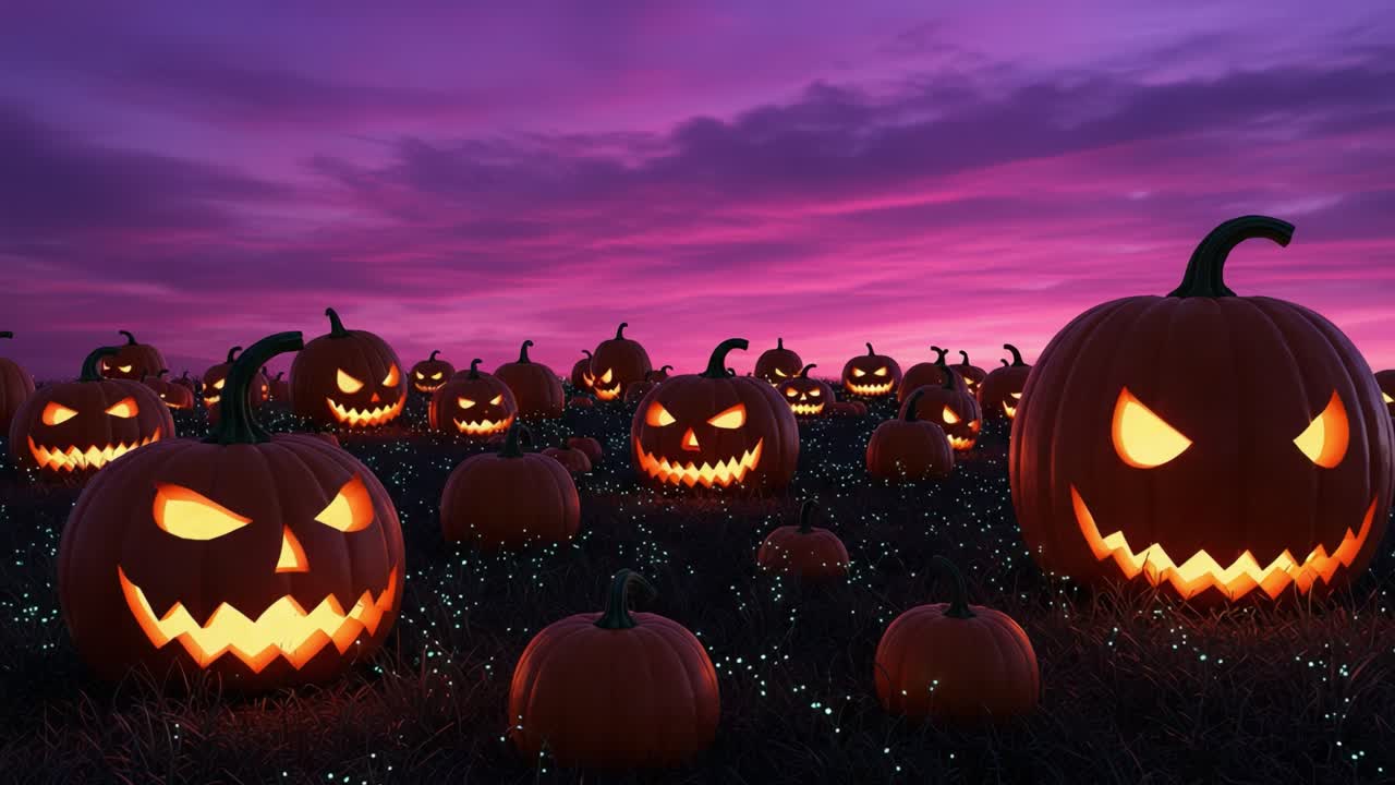 A Spooky Twilight Scene Filled with Grinning Jack-o'-Lanterns and a Mysterious Purple Sky Perfectly Capturing the Essence of Halloween Night