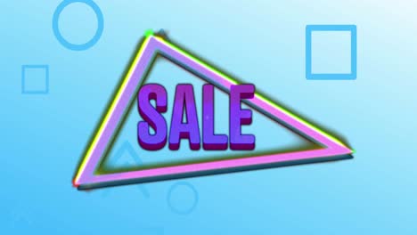 Animation-of-sale-text-in-purple-letters-over-glowing-neon-triangles-and-blue-shapes