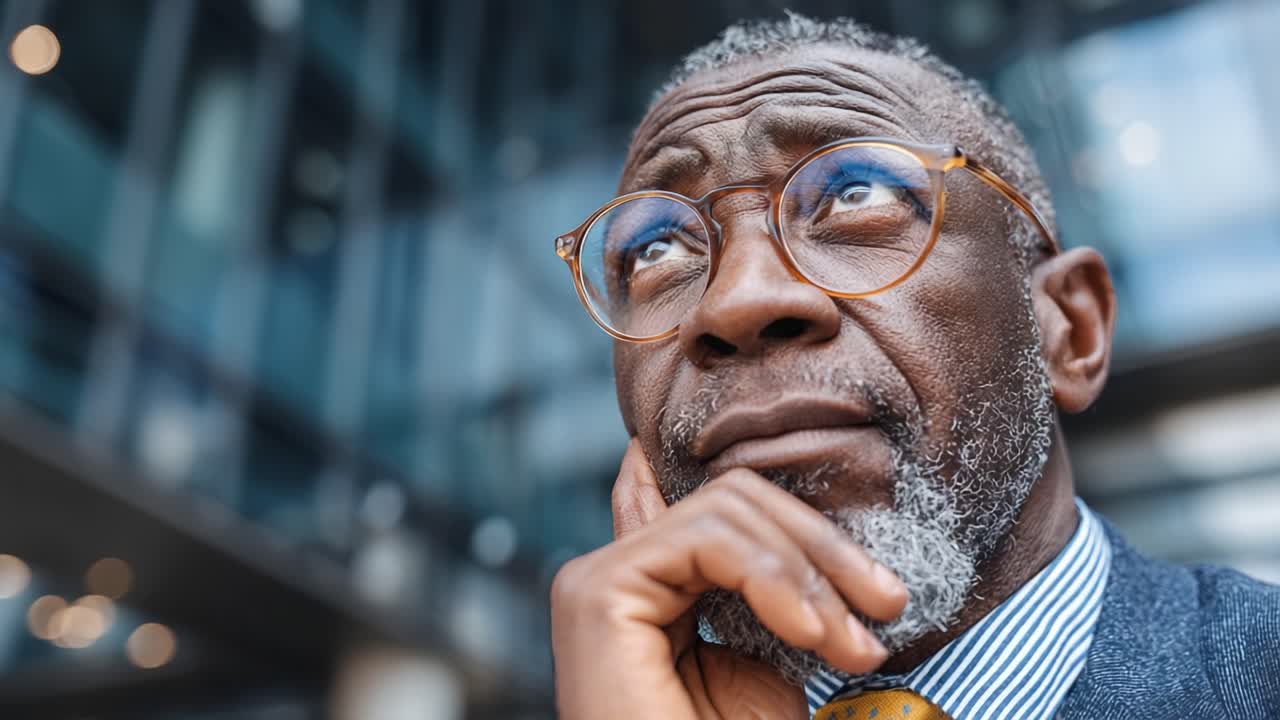 Contemplative Man in Thoughtful Pose with Glasses and Distinguished Style Against a Modern Urban Background Reflecting Deep Reflection and Poise