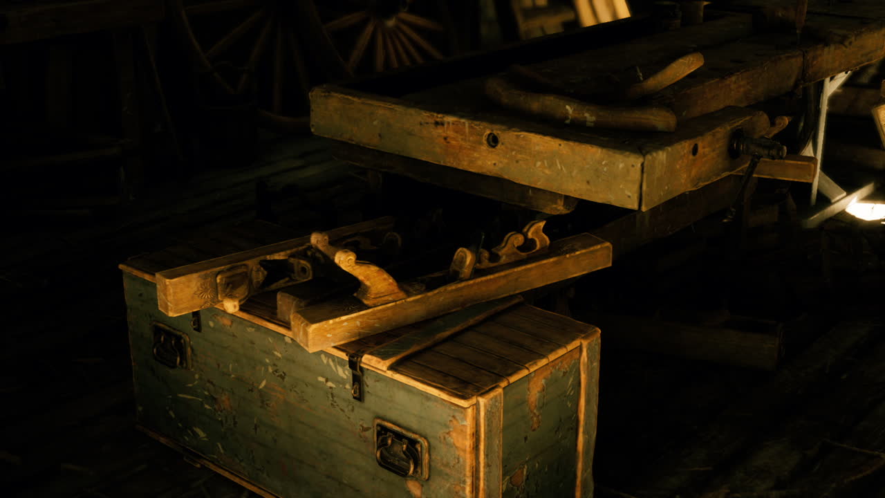 Vintage woodworking tools and a workbench in a rustic workshop setting