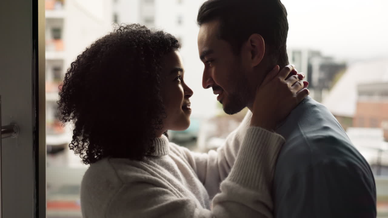 Happy couple, love and care with head together
