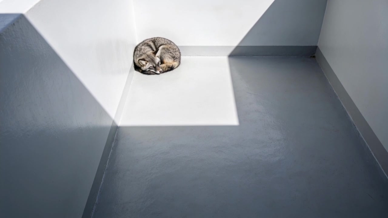Con la luce del sole che filtra, un gatto domestico si raggomitola e riposa in una chiazza di sole quadrata sul balcone, crogiolandosi al calore.