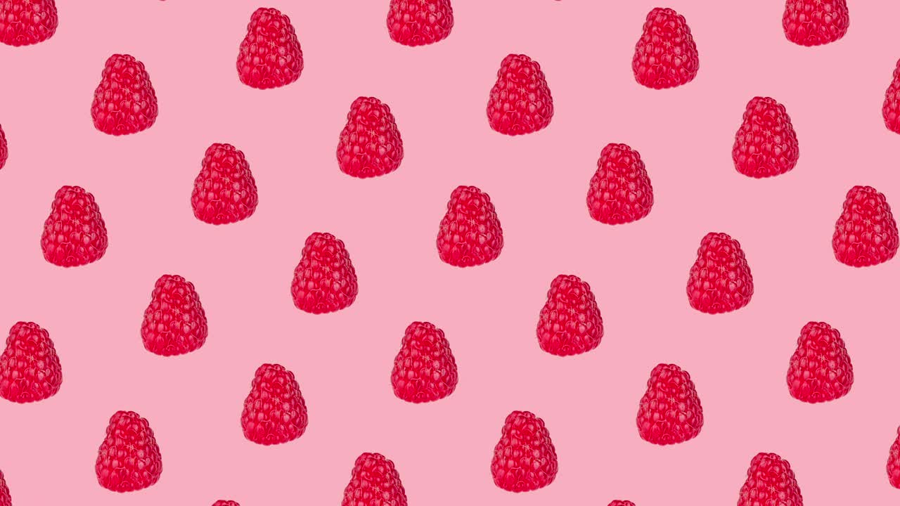 pattern with many fresh ripe raspberry animated on a pink background close-up. seamless looping of realistic 3d food. minimal stop motion design art with copy space for text