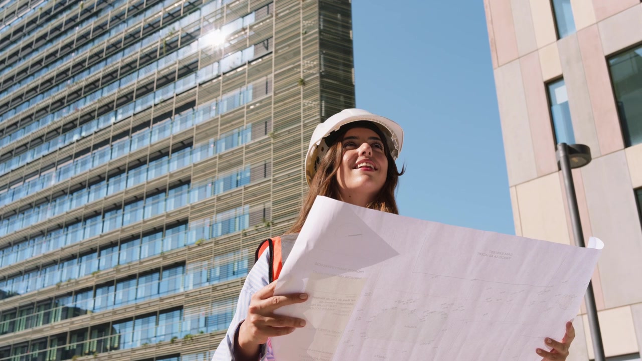 Arquitecta revisando los planos en el sitio de construcción