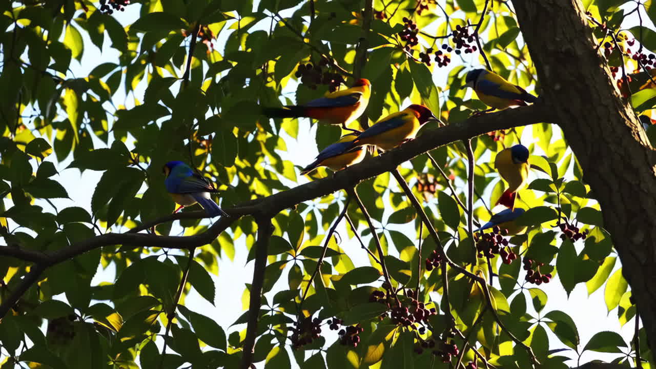 Colorful Birds Perched in a Tree