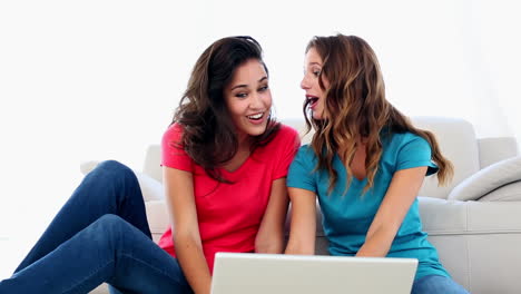 Amused-beautiful-women-using-a-notebook-sitting-on-floor