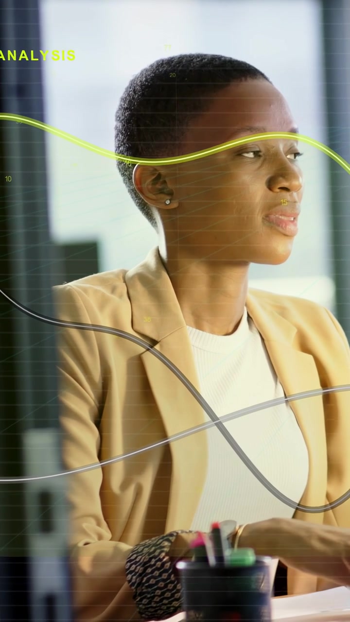 Vertical video: Woman removing redcap applicator swatching before work typing as tech HUD tracking