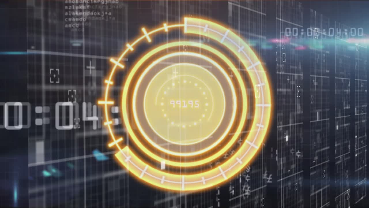 Fading in triple-ring HUD, rotating rings and updating digits while scrolling code for monitoring