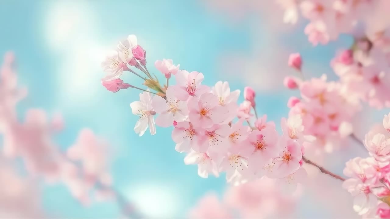 ソフトフォーカスの空を背景にした桜のクローズアップ動画で、穏やかな美しさを映し出します