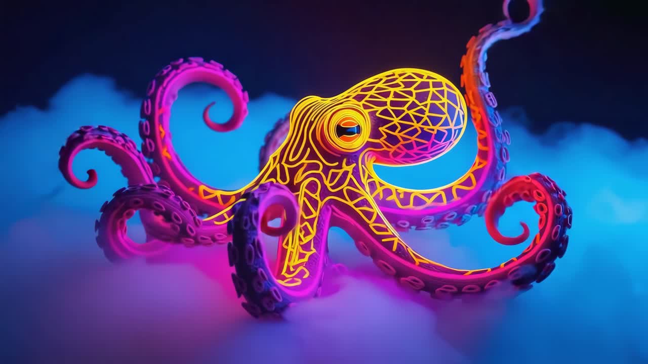 Neon Glowing Octopus with Vibrant Colors and Smoke