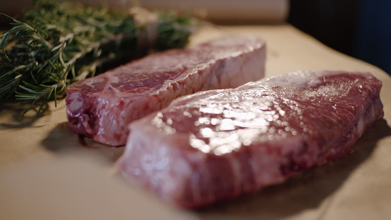 Two steaks of raw red angus beef meat on paper with thyme herb, close up