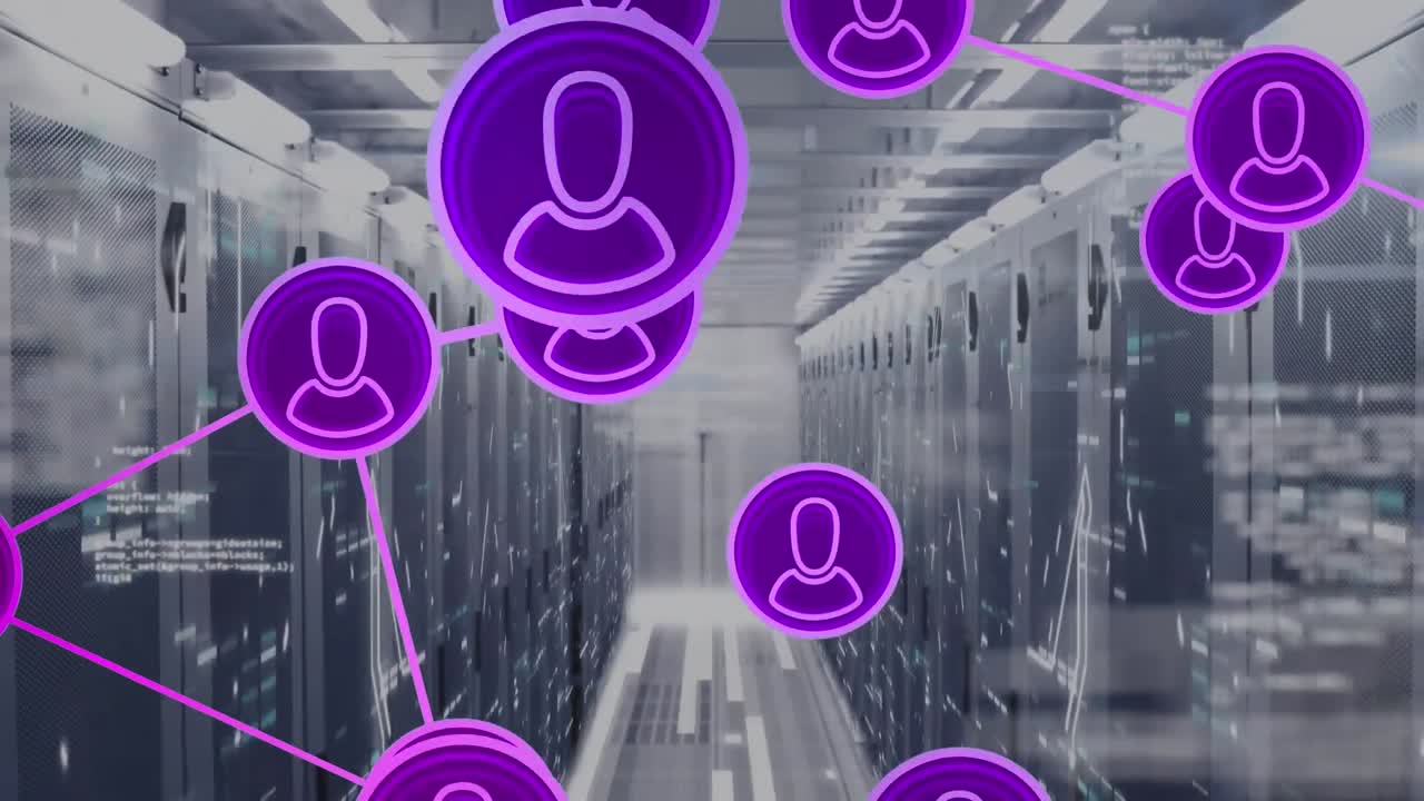 Animation of network of profile icons, data processing and mosaic squares against server room