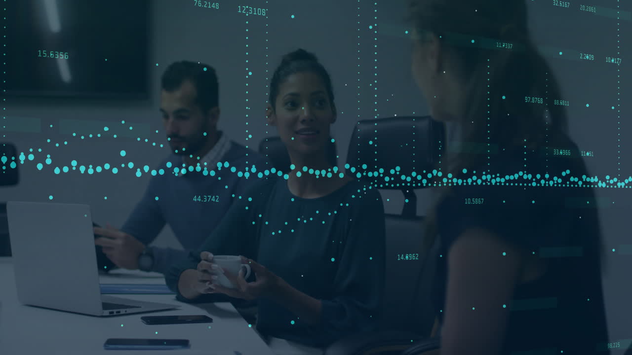 Discussing strategy, diverse professionals in business meeting with data visualization animation