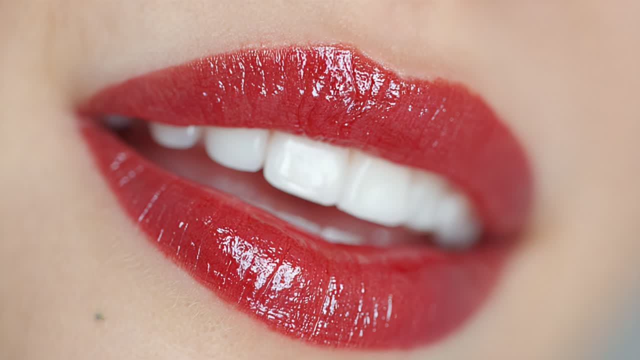 A Stunning Close-Up of Glossy Red Lips Highlighting Perfectly White Teeth, Capturing the Allure and Elegance of a Captivating Smile in Two Frames