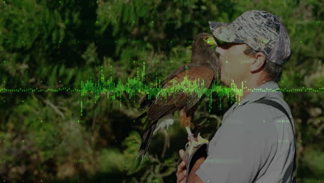 adult male falconer holding brown hawk in forest, displaying green waveform overlay for technology