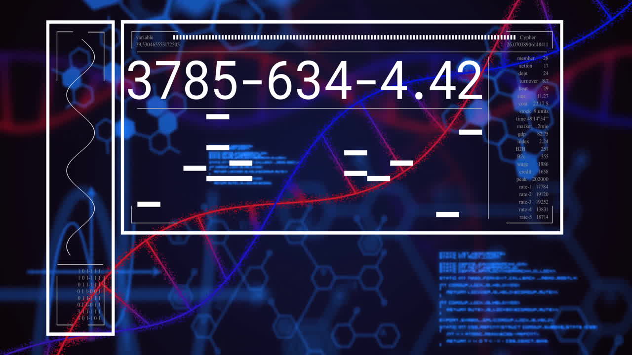 Animation of dna strand, data processing on black background