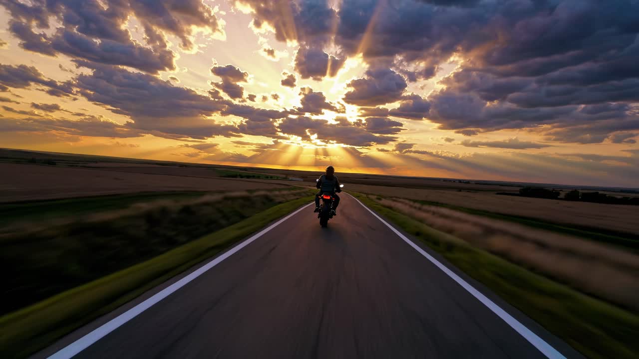 A dramatic sunset video captures a motorcyclist from a rear low-angle, emphasizing the vast sky