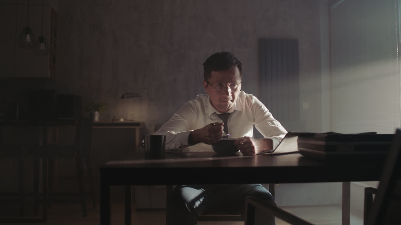 A sad man in a shirt slowly eats breakfast