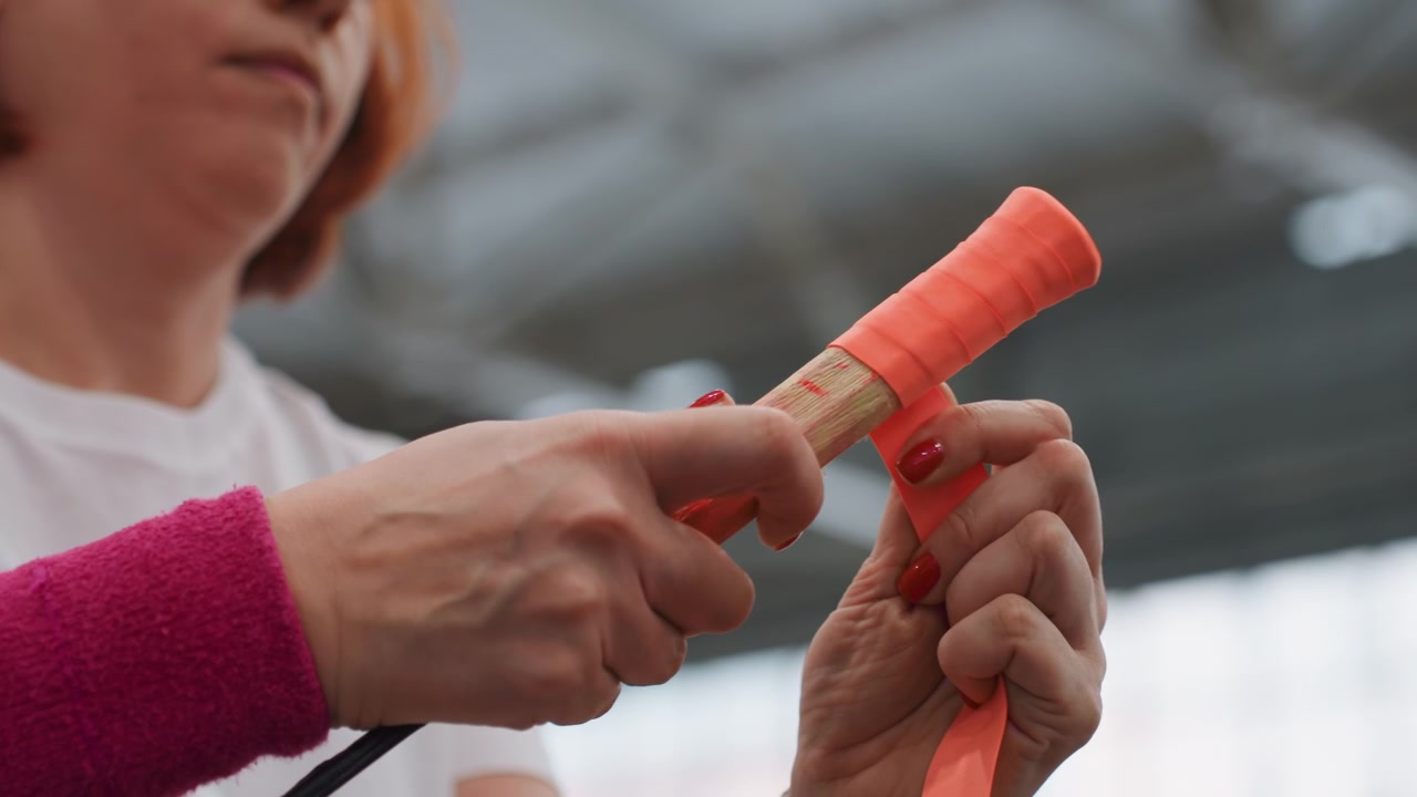 Mani in primo piano che dimostrano la tecnica di rifacimento dell'impugnatura del badminton, donna bianca che mostra l'applicazione passo-passo del nastro in un impianto al coperto, con voce fuori campo in stile allenatore, attenzione alla destrezza delle dita e all'allineamento dell'impugnatura.