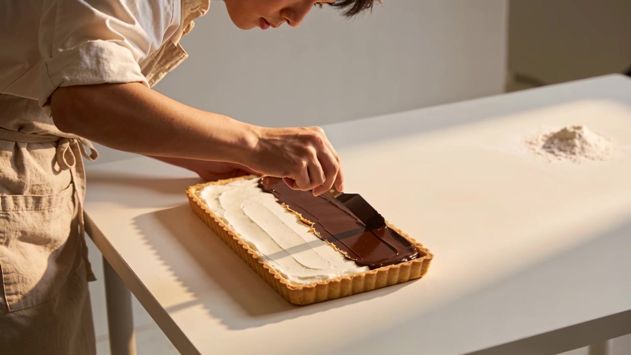 Kok med forklæde glatter ganache ud over en tærte med en vinklet spatel ved bordet, danner en kant med mel