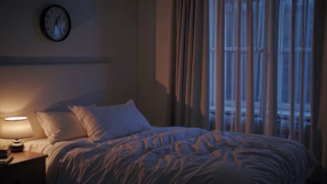 Cozy bedroom scene with soft lighting, captured from a side angle. The video evokes a calm, intimate