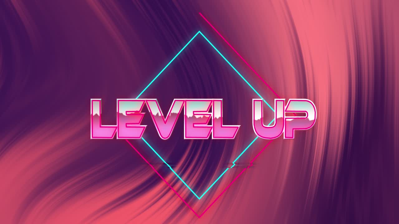 Animation of level up text over neon shapes on black background