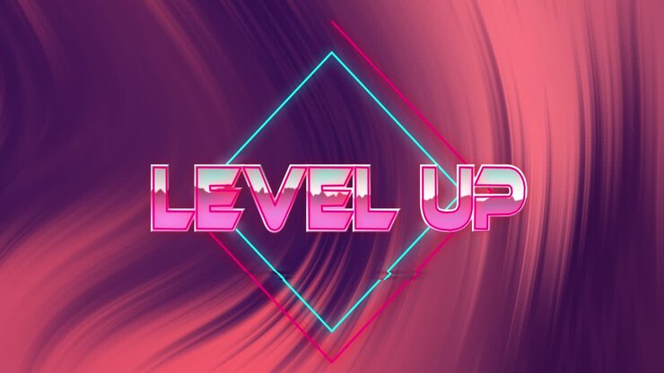 Animation of level up text over neon shapes on black background