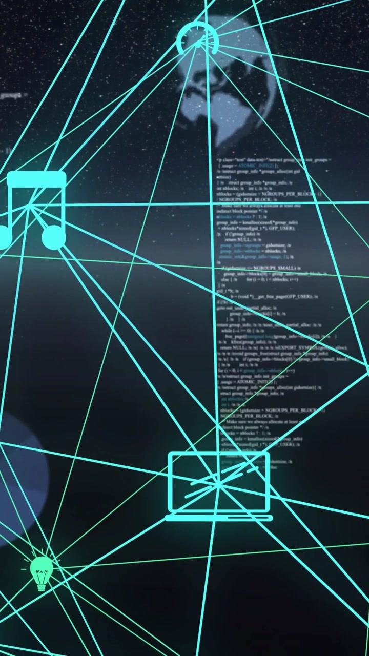 Vertical video: Viewpoint shifting up causing teal web revealing icons and mapping data links