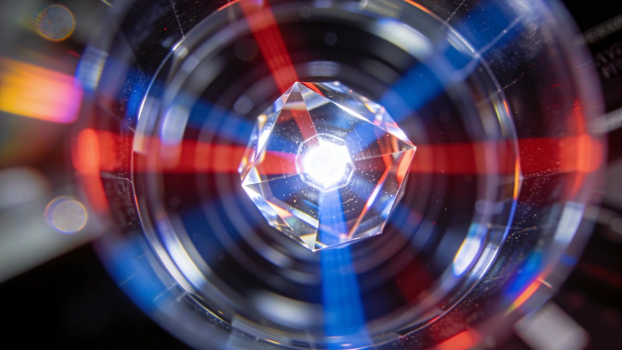 Ponto de luz pulsante causando prisma facetado giratório dentro de tubo óptico de laboratório formando raios vermelho-azuis.