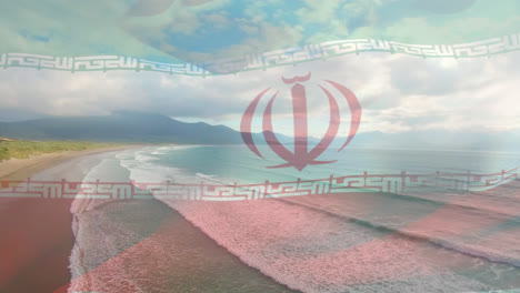 Digitale-Komposition-Der-Schwenkenden-Iranischen-Flagge-Vor-Der-Luftaufnahme-Des-Strandes-Und-Des-Meeres