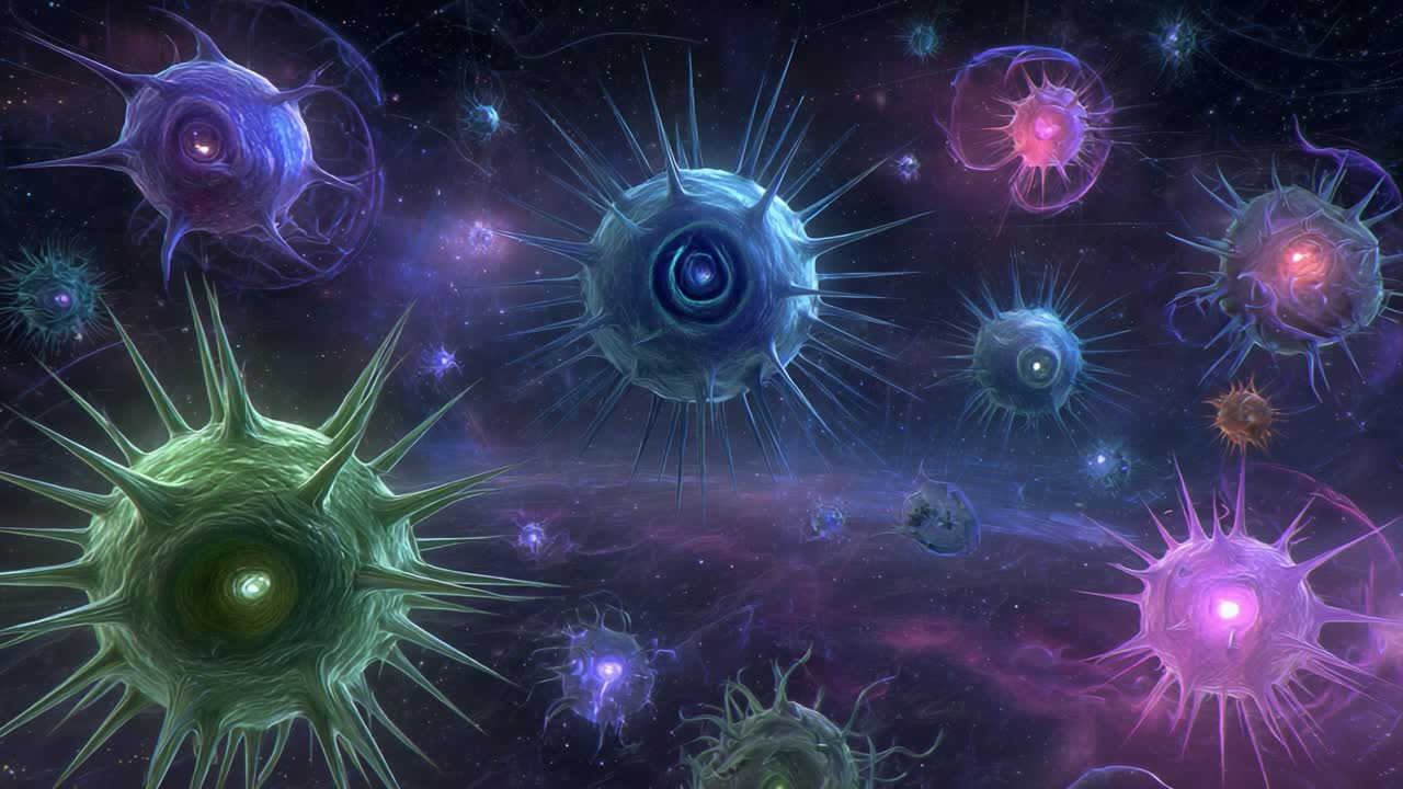 An Exploration of Microscopic Lifeforms in a Colorful Cosmic Landscape, Showcasing the Intricate Beauty and Diversity of Cellular Structures in a Stellar Environment