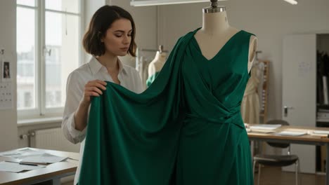 a fashion designer adjusts a sleek green dress on a mannequin in a bright and modern studio, focusing on textiles and design details