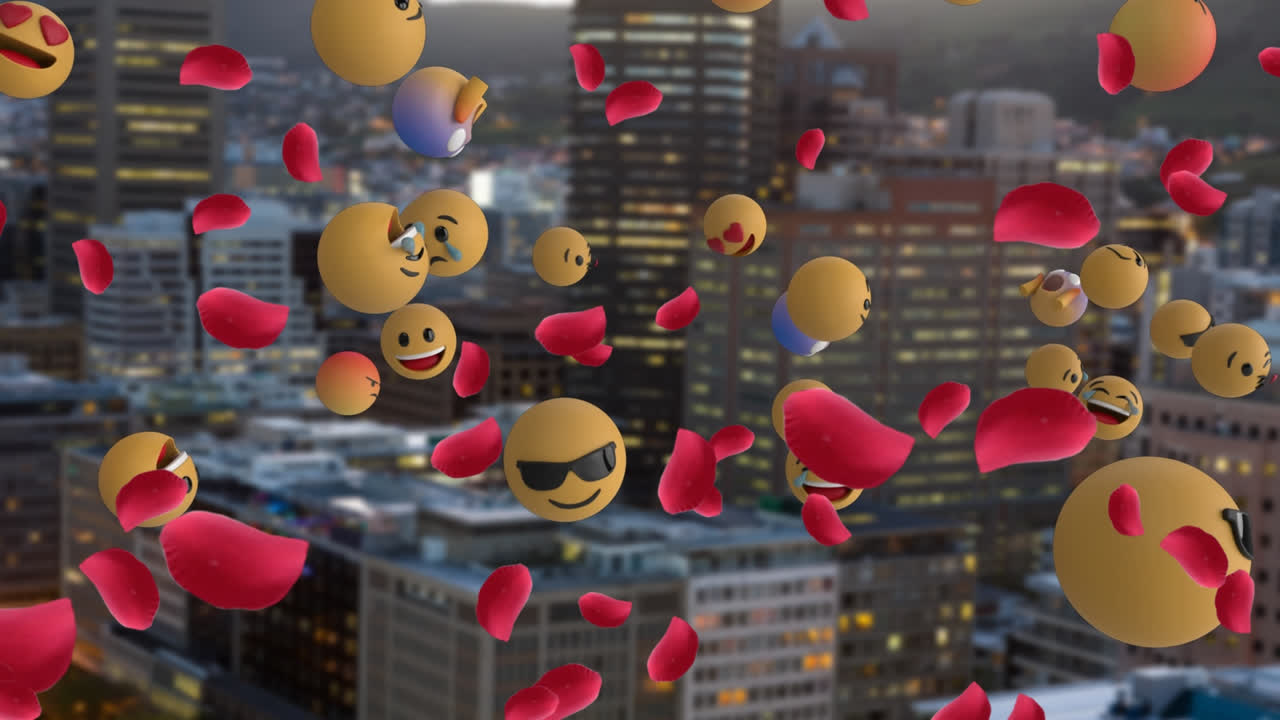 animación de iconos emoji sobre el paisaje urbano
