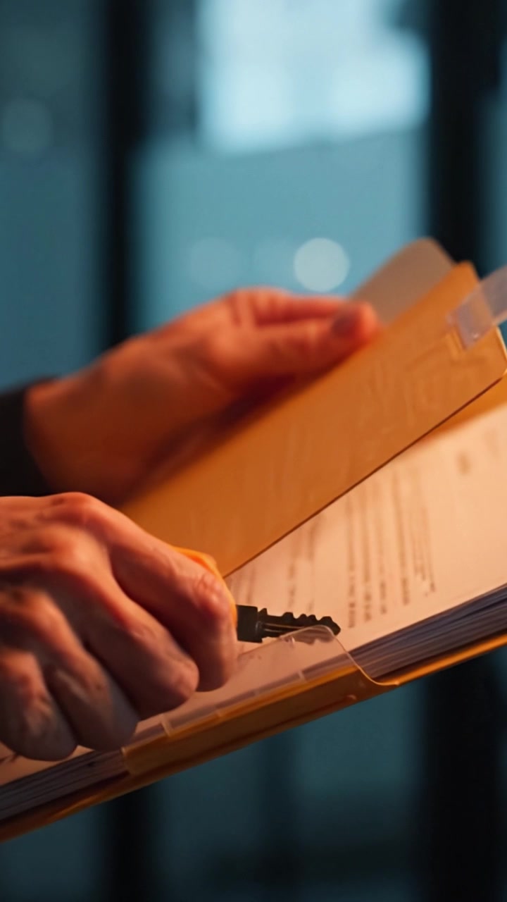 An individual carefully opens a document folder with a key, revealing its contents in a softly lit environment that highlights the significance of the moment.