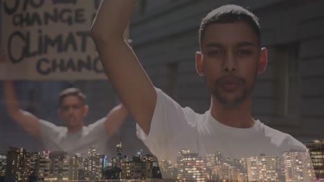 animation of biracial men raising hands over cityscape