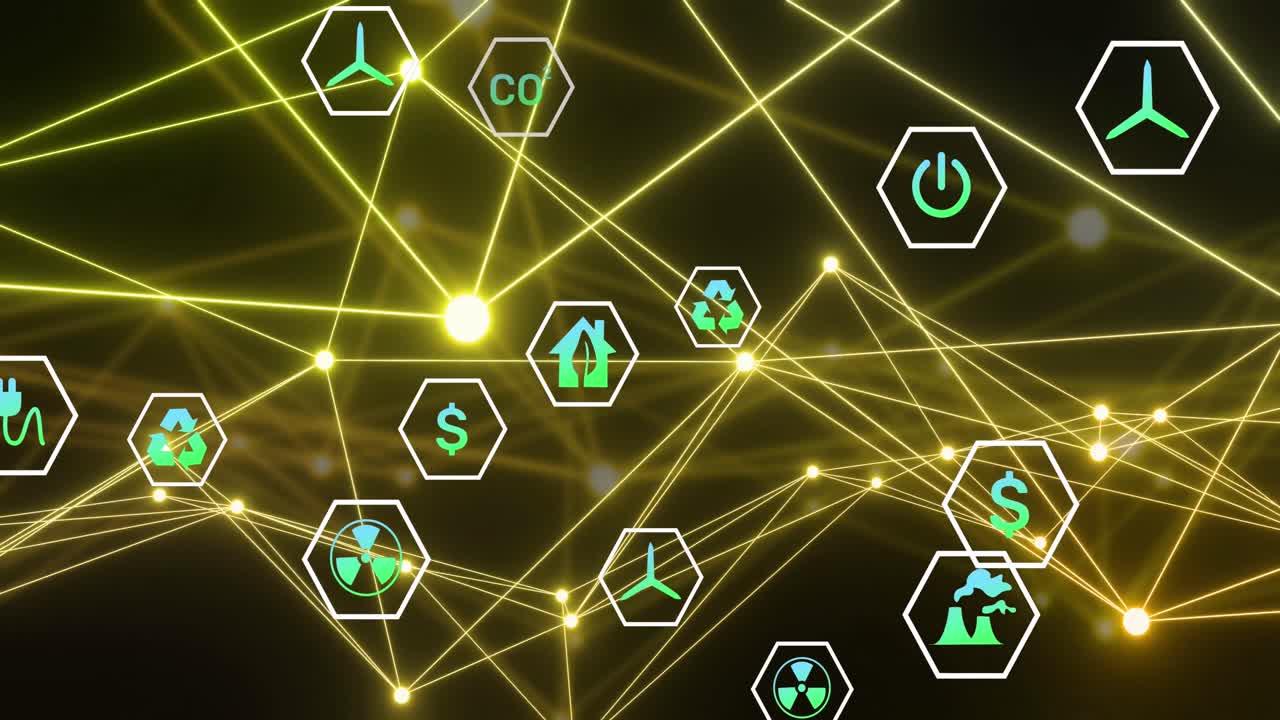 블랙 배경 위에 연결 네트워크와 디지털 아이콘의 애니메이션