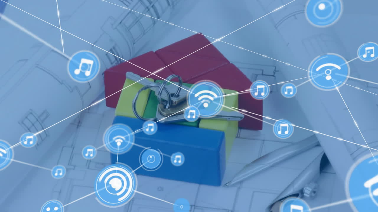 animación de la red de conexiones y llaves, casa sobre dibujos de arquitecto