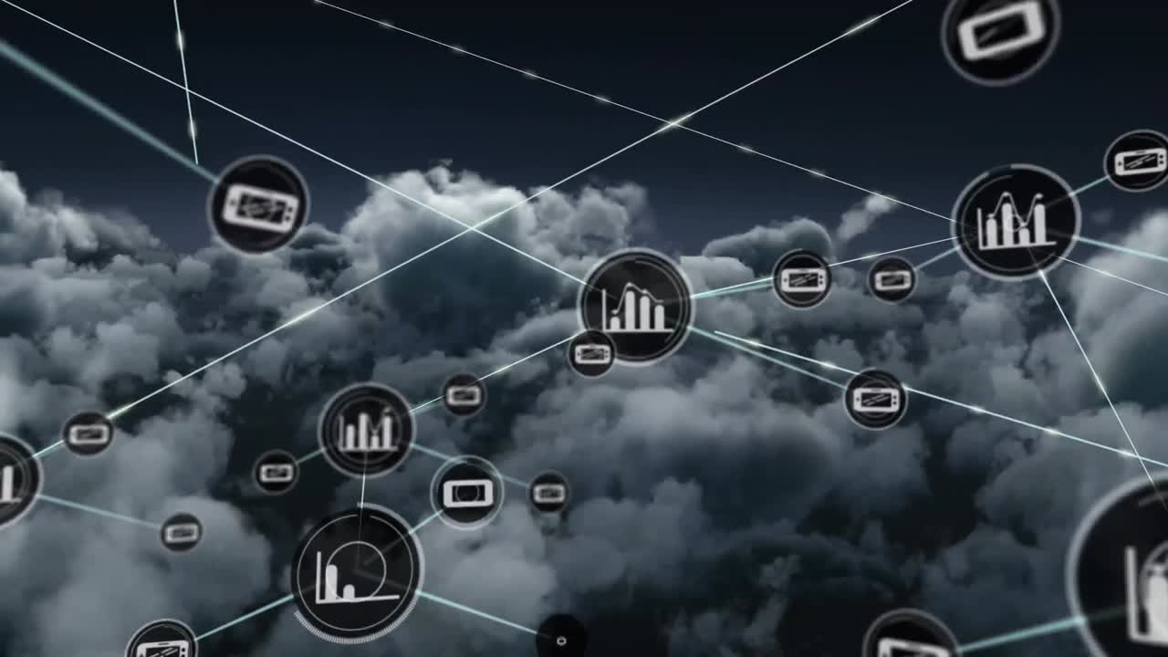 animación de la red de conexiones con iconos sobre nubes