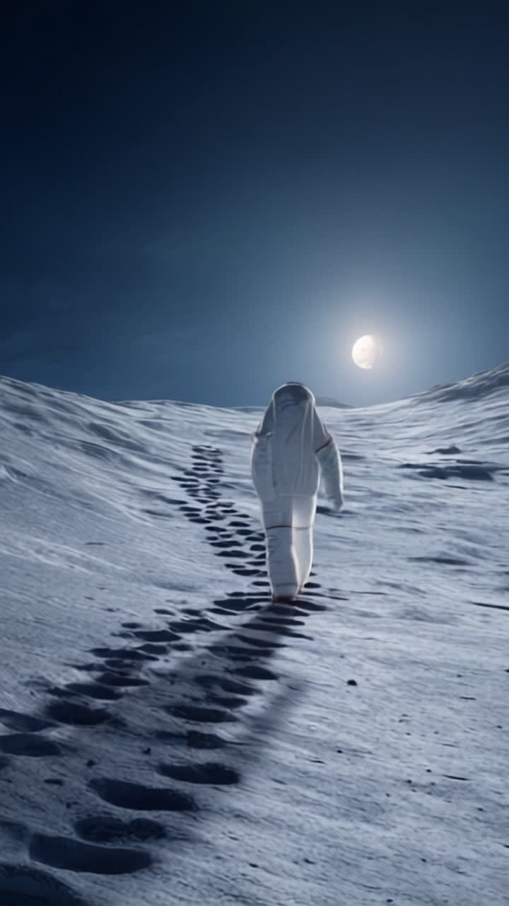 Astronaut erkundet Mondlandschaft unter Mondlicht, hinterlässt Fußspuren im Regolith und fängt die Essenz der Weltraumforschung und Isolation auf dem Mond ein.
