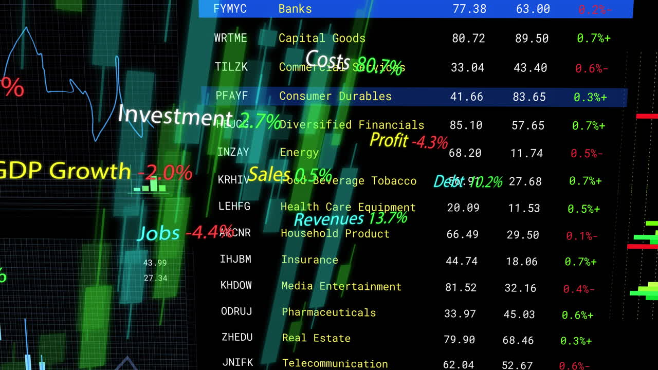 Animasjon av finansiell databehandling på skjerm over svart bakgrunn